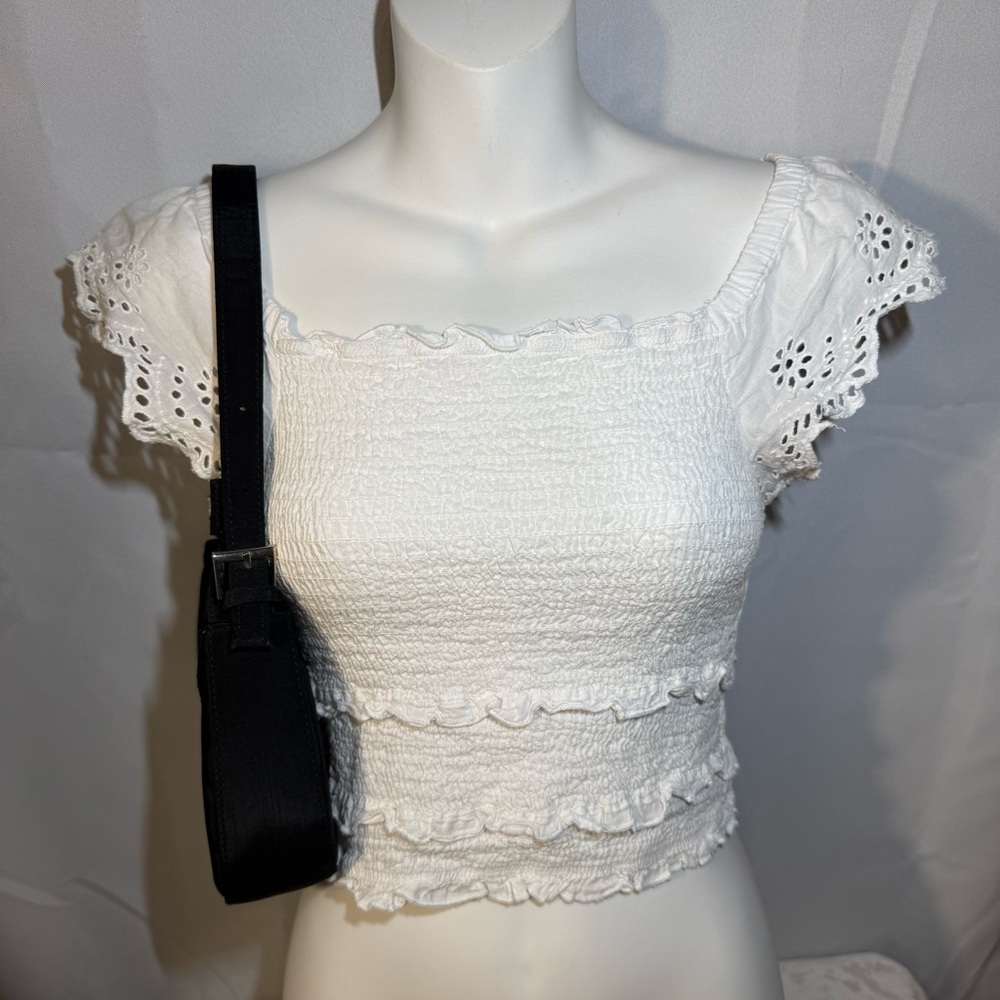Japna White Smocked Eyelet Ruffle Crop Top Size S